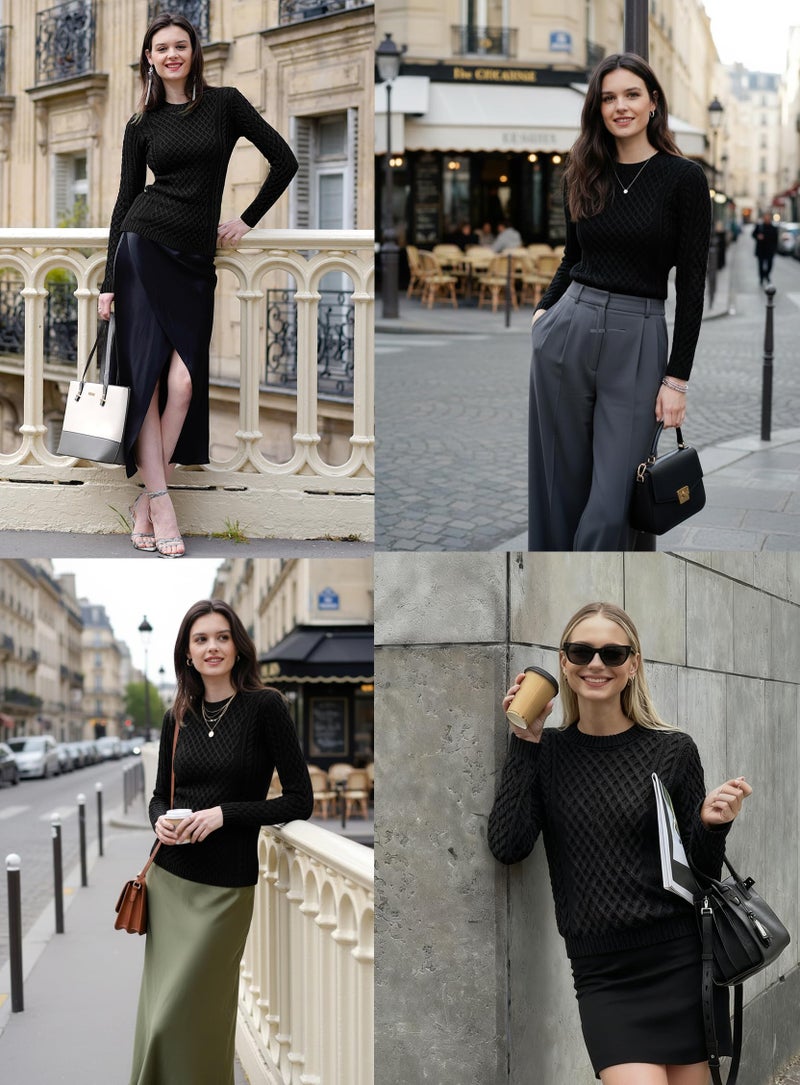 v28 Women Crew Neck Korea Knit Stretchable Elasticity Long Sleeve Sweater Jumper (M, Black) - Image 5